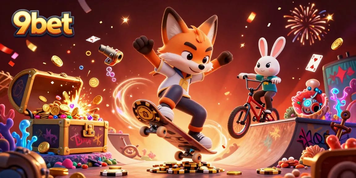 Experience thrilling gameplay with 9bet as a fox performs tricks over golden poker chips in a vibrant casino scene.