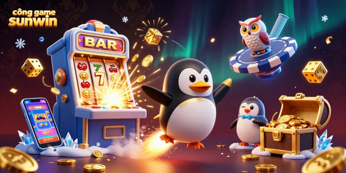 Experience the excitement of cổng game sunwin with a golden penguin and vibrant casino elements in space.