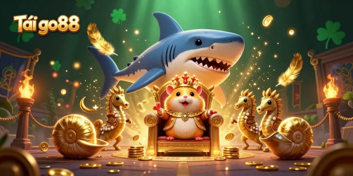 Experience thrilling games at Tải go88, featuring a fierce golden hamster king and his seahorse guards in this illustration.