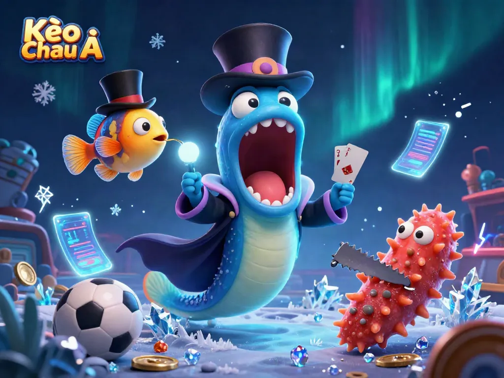 Kèo Châu Á illustrates a vibrant sports betting scene with a deep-sea creature magic act amidst dynamic sports elements.