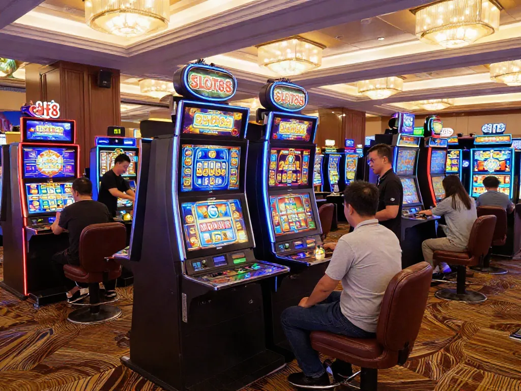 Exciting slot88 gaming atmosphere with players at vibrant machines.