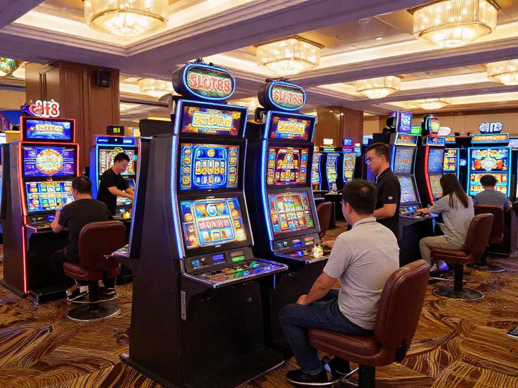 Exciting slot88 gaming atmosphere with players at vibrant machines.