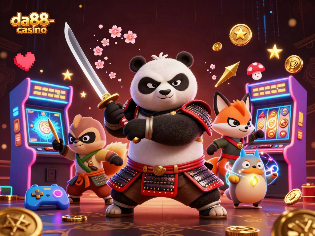 Engage with the vibrant da88-casino scene featuring a samurai panda and ninja fox amidst arcade and casino elements.