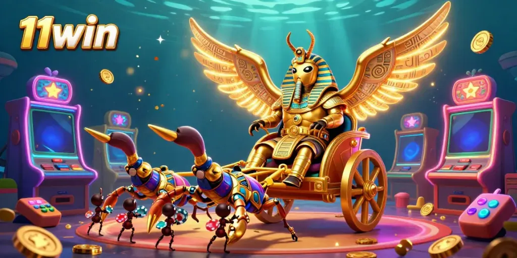 Experience the excitement of slots at 11win with a vibrant scene featuring a golden scarab beetle and jewels.
