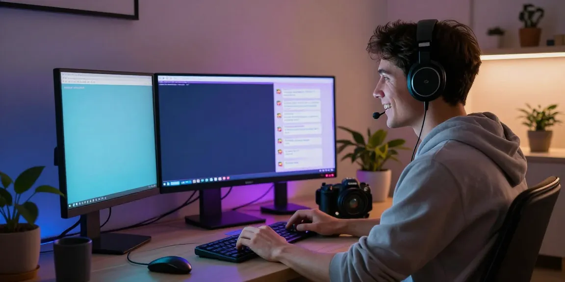 Person engaging in a lively porn chat with an AI companion on a sleek computer in a cozy home office.