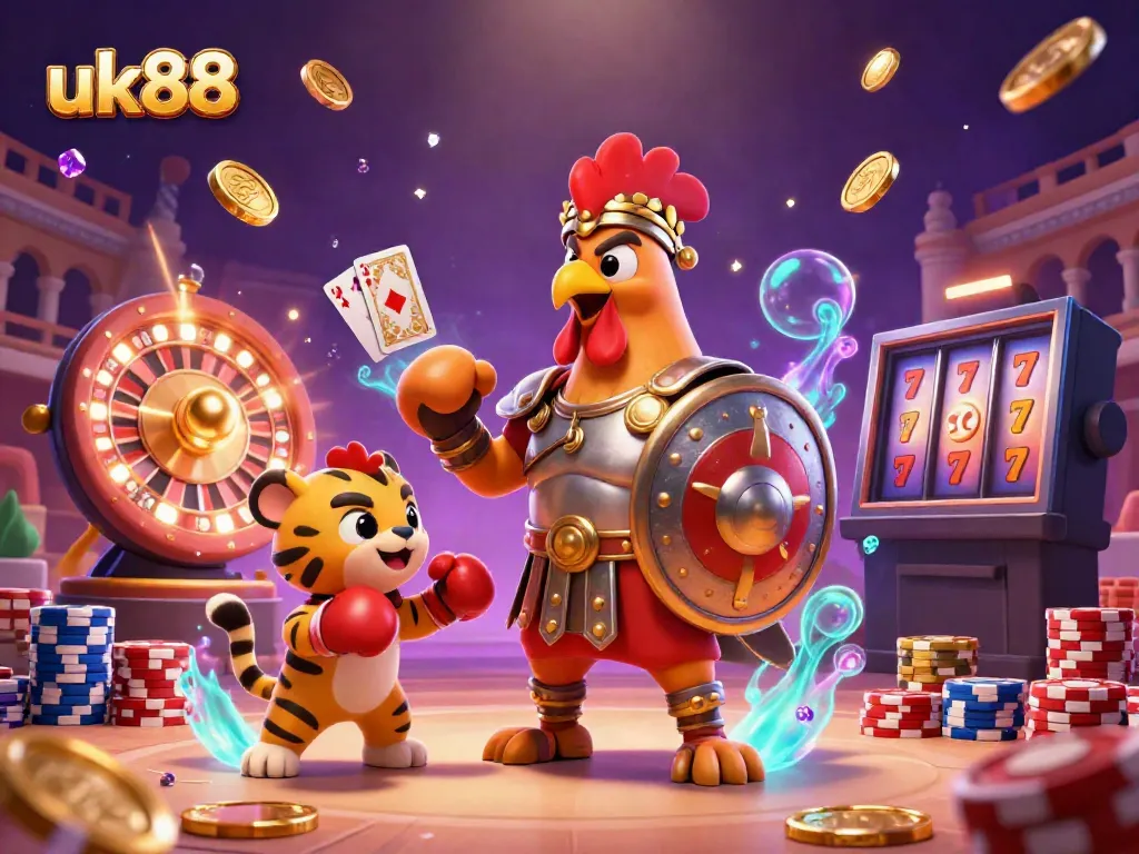 Engage in thrilling bets at UK88 with a vibrant scene featuring 3D characters and casino elements.