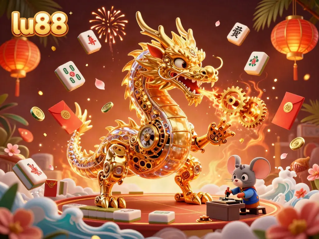 Engage with the thrilling lu88 adventure, with a golden dragon and vibrant gambling elements.