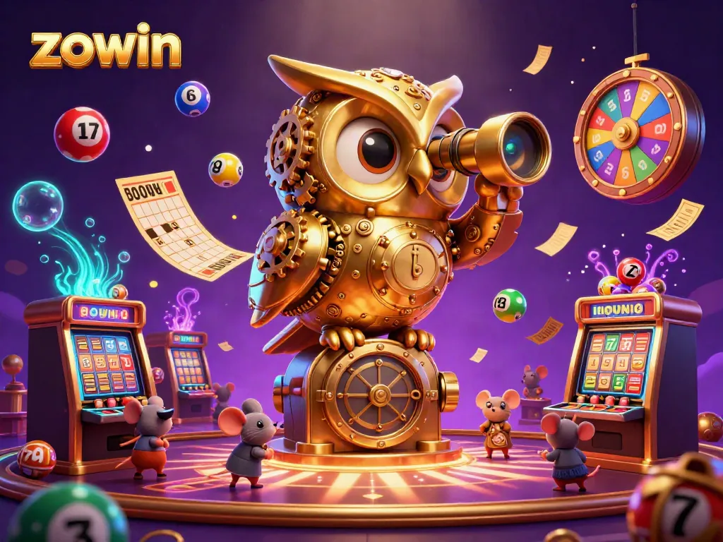 Experience thrilling wins at ZOWIN casino with a golden owl overseeing animated slot machines and lively game elements.