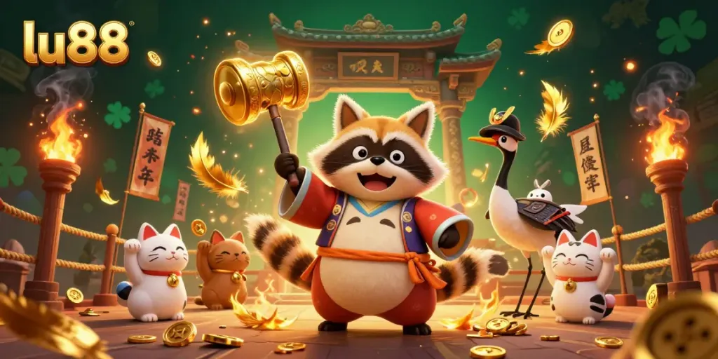 Experience thrilling gaming with LU88's lucky tanuki and colorful fortune cats in an engaging casino scene.