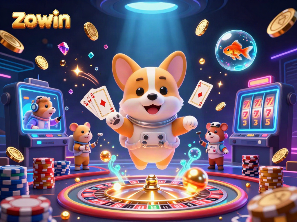 Experience the thrill at Zowin Casino with dynamic games and exciting elements in this 3D illustration.