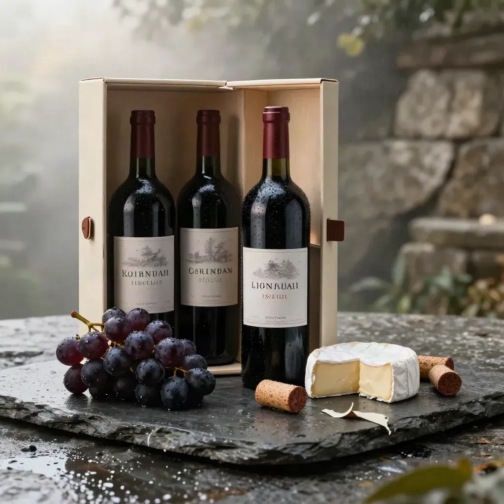 Offene Bordeaux-Geschenkbox mit zwei Rotweinflaschen, Trauben, Brie und Korken auf nassem Stein