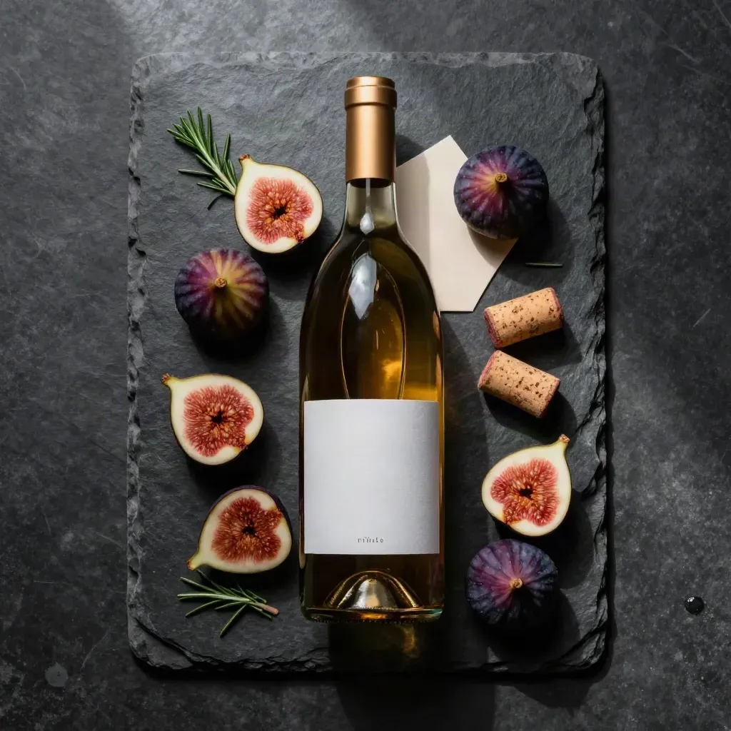 Primitivo-Flasche mit Feigen, Rosmarin und Korken auf dunkler Steinplatte, von oben fotografiert.