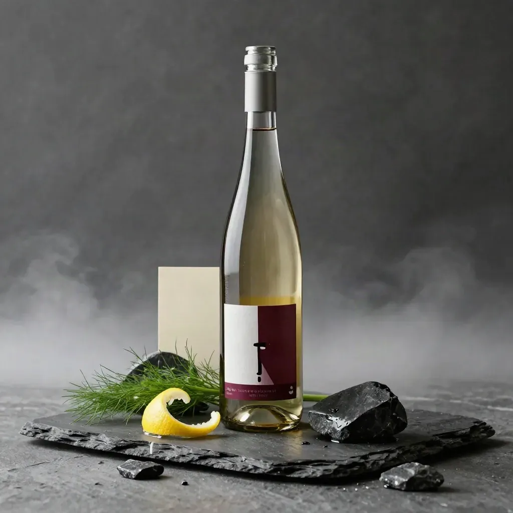 Unbrandete Rieslingflasche mit Schiefer, Fenchelgrün, Zitronenschale und nassem Stein im dunklen Studio