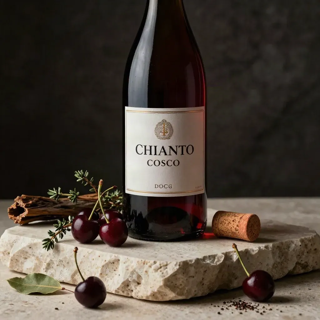 Chianti-Flasche mit Kirschen, Kräutern und Korken auf Travertin im dramatischen Licht