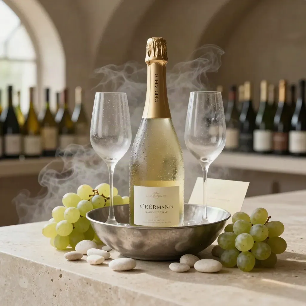 Crémant in einer Metallschale mit Gläsern, Trauben und hellem Kellerlicht