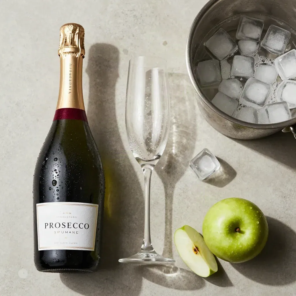 Prosecco mit Flöte, Apfel, Eis und Metalleimer auf hellem Stein