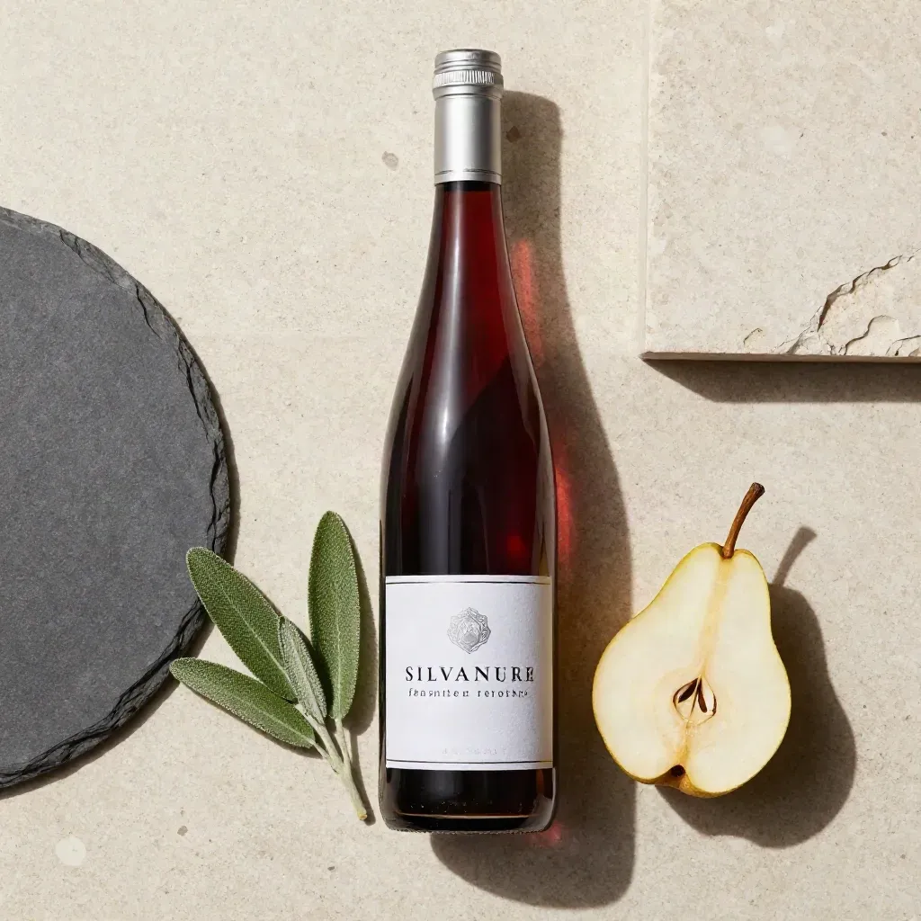 Flatlay mit Silvaner, Birne, Salbei, Schiefer und hellem Stein auf Travertin.
