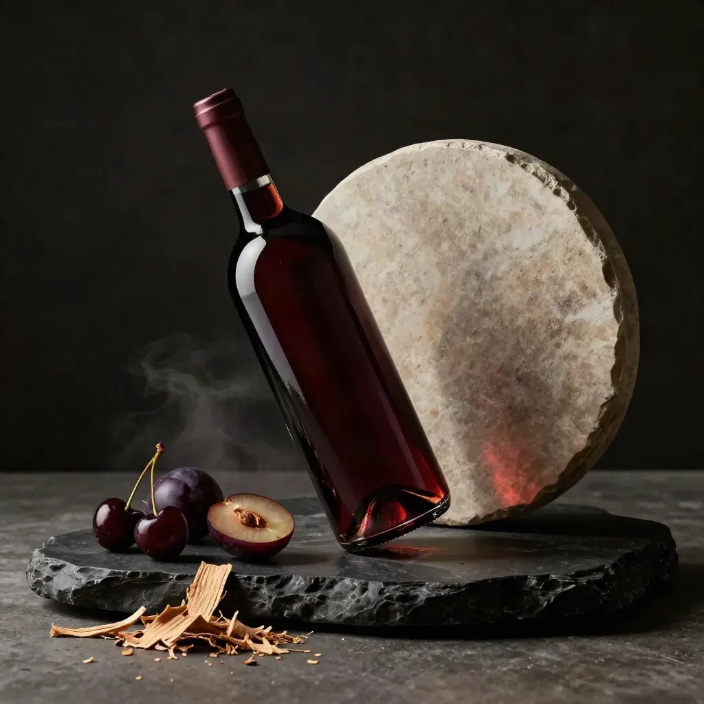 Dunkle Merlot-Flasche mit Kirschen, Pflaume, Zedernholz und Steinscheibe im dramatischen Licht.