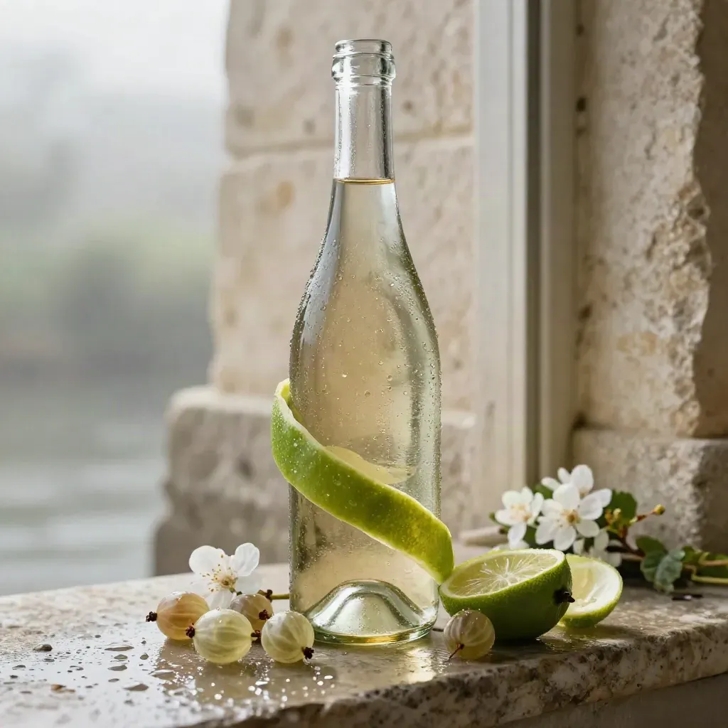 Unetikettierte Sauvignon-Blanc-Flasche mit Limette, Stachelbeeren, Blüten und Flusssteinen.