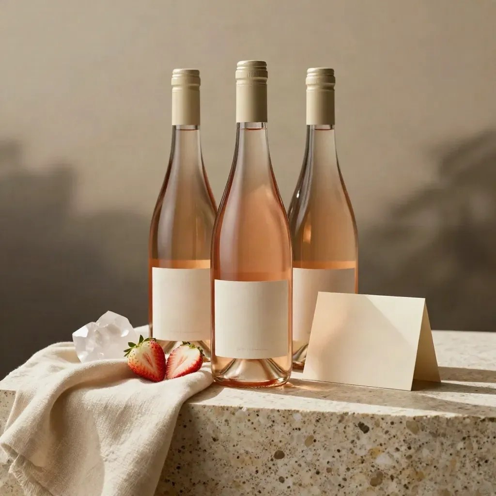 Drei Roséflaschen, Erdbeeren, Quarz und Leinen auf hellem Travertin.