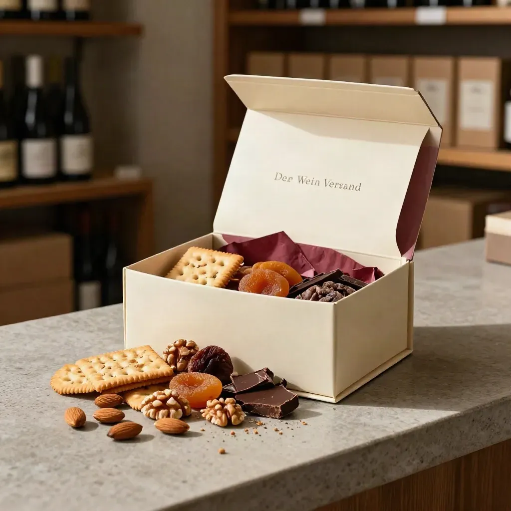 Offene cremefarbene Geschenkbox mit Snackmix, Nüssen, Crackern, Aprikosen und dunkler Schokolade.