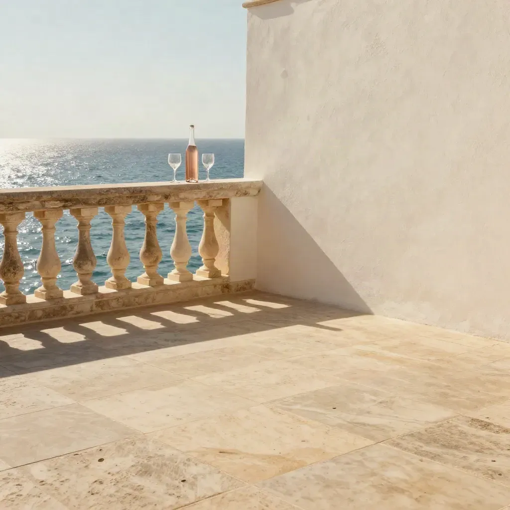 Helle Küstenterrasse bei goldener Stunde mit Steinbalustrade, Meerblick und ruhiger Steinfläche.