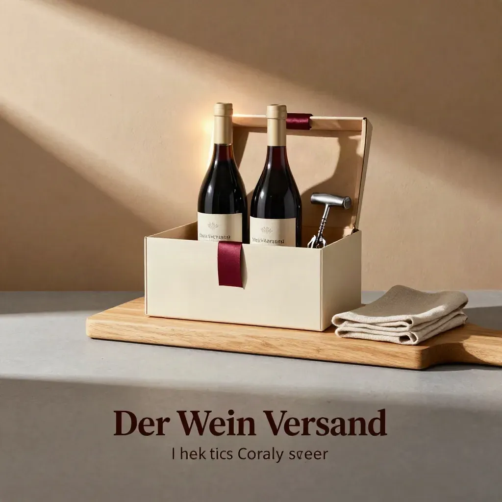 Helle Wein-Geschenksets auf Eichenboard vor Putzwand im warmen Sonnenlicht.
