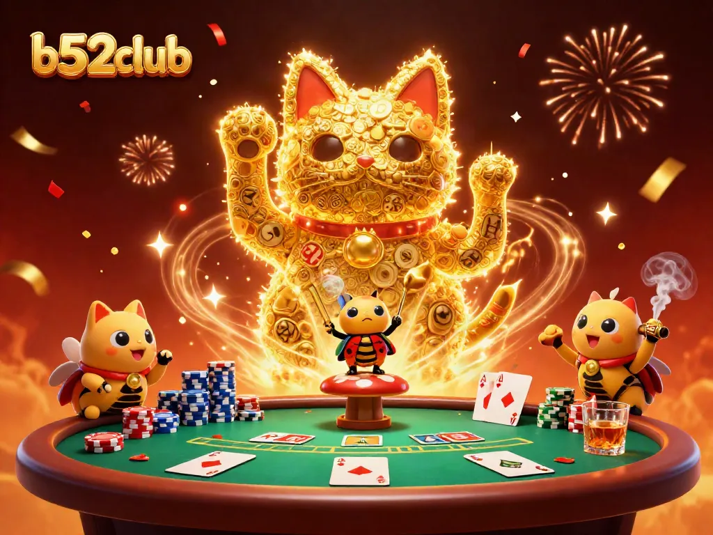Engage with b52club's vibrant casino scene featuring a lucky cat and poker elements in celebration.