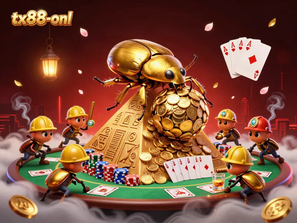 Engaging golden beetles symbolize tx88-onl's casino success with dynamic gambling elements.