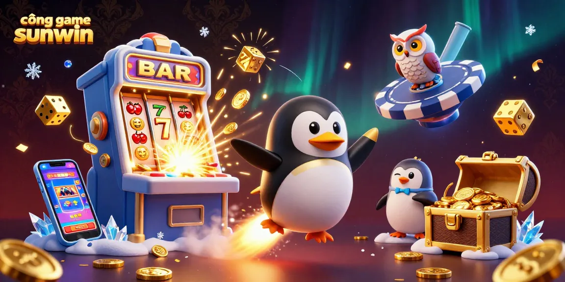 Experience the excitement of cổng game sunwin with a golden penguin and vibrant casino elements in space.