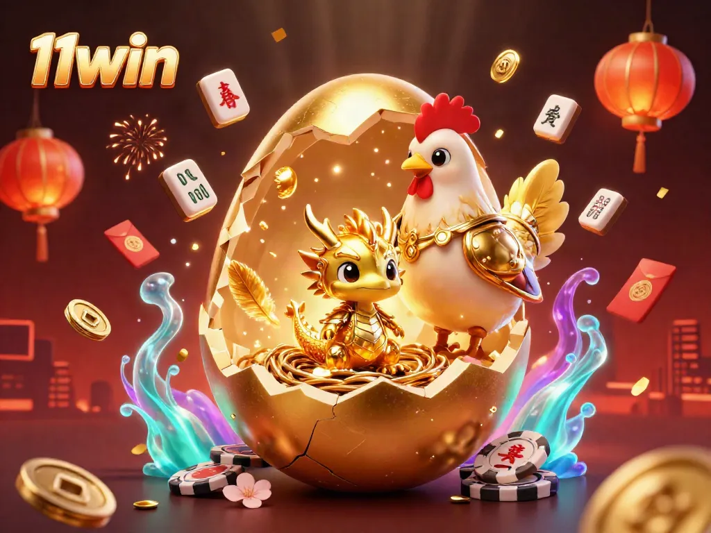 Engage in the vibrant world of 11win featuring a unique 3D golden dragon and casino elements.