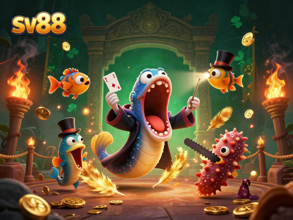Immerse in SV88's vibrant casino world with a magical underwater performance showcasing unique characters.