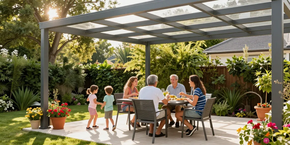 Moderne Terrassenüberdachung im Garten mit Familie, die Sommeressen genießt.