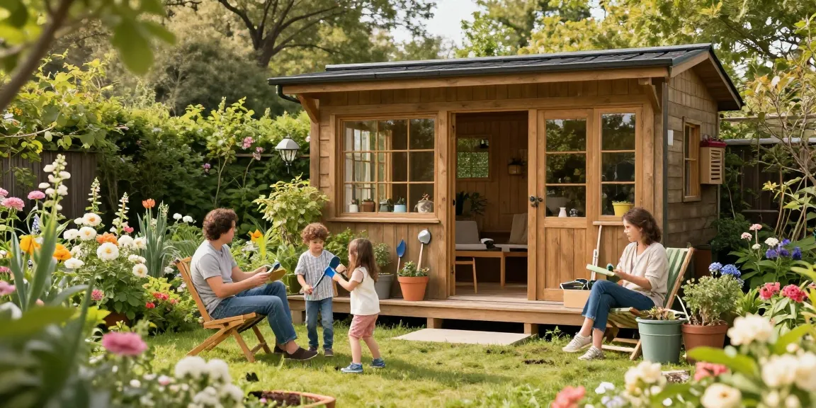 Entspannende Gartenlandschaft mit einem schönen Gartenhaus, umgeben von blühenden Pflanzen und einer spielenden Familie.