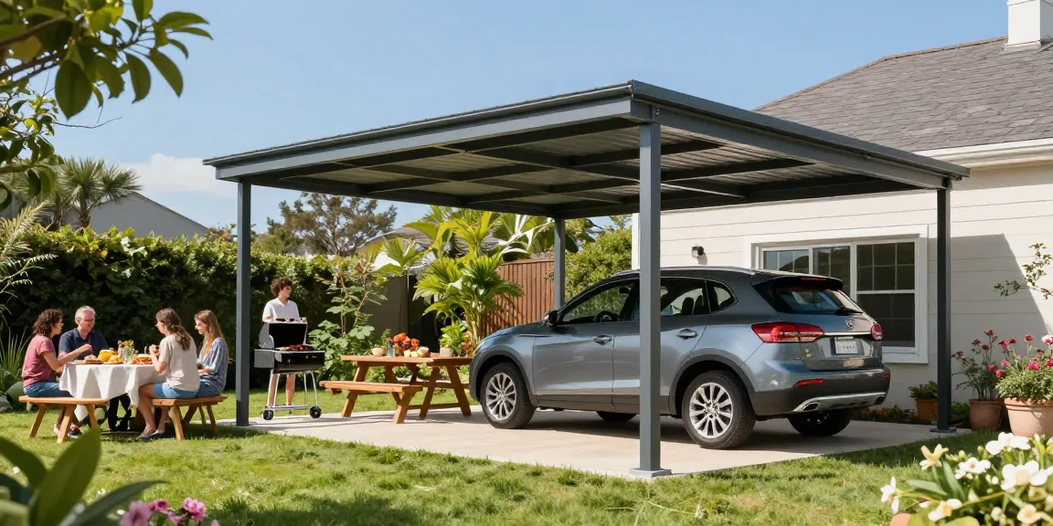 Stylischer Carport schützt Fahrzeuge während einer Gartenparty.
