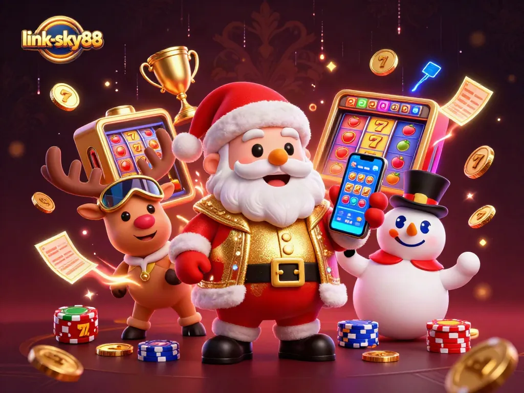 Experience thrilling jackpots at link-sky88 with Santa and friends celebrating in a vibrant casino scene.