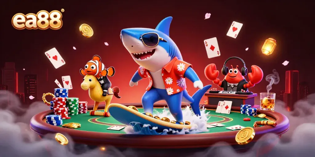 Win big with ea88 as a hammer-head shark surfs gold coins amidst vibrant casino elements.