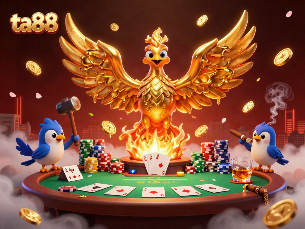 Experience the thrill of gaming at ta88 with a golden phoenix and poker elements in an exciting 3D illustration.