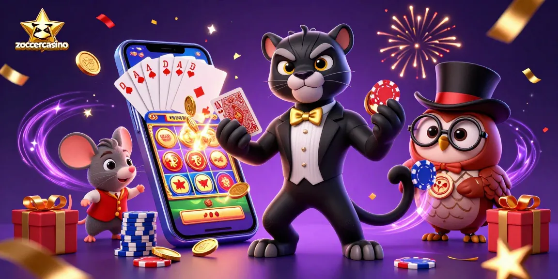 ZoccerCasino: Stylische 3D-Illustration eines schwarzen Panthers im Smoking, der Karten dealt, umgeben von einer Eule und einer glücklichen Maus