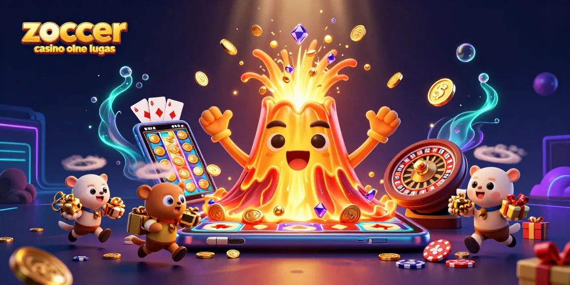 Zoccer Casino ohne Lugas: Gewinne groß mit Spielautomaten und Live-Spielen in dieser bunten Illustration.