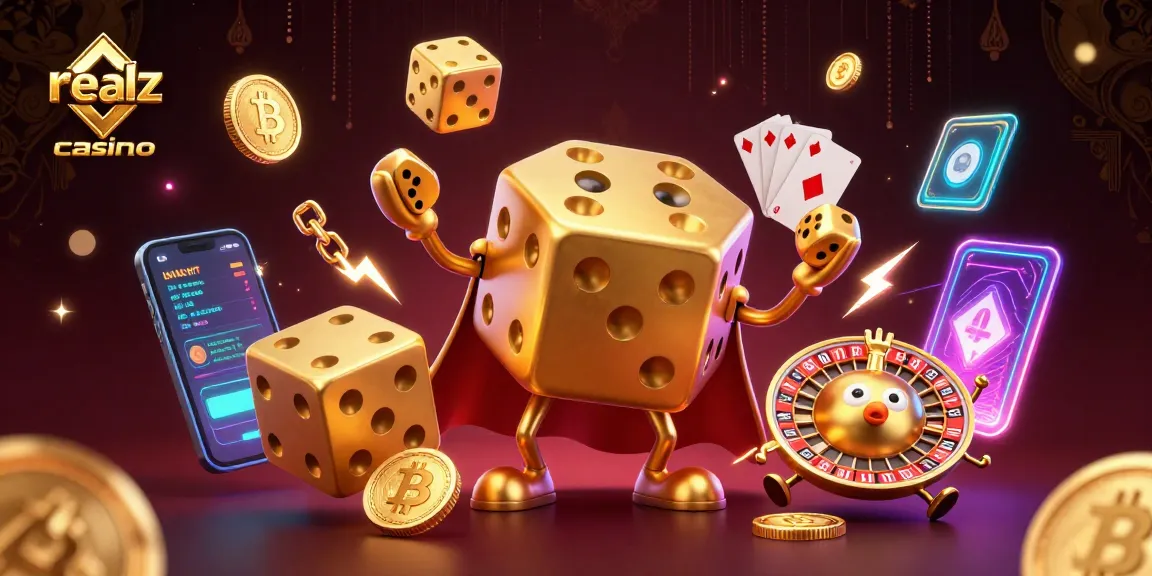 Experience realz casino thrills with dynamic 3D illustration showcasing playful golden dice characters and crypto elements.