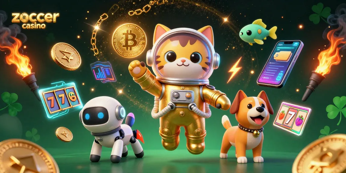 Zoccer casino scene with space cat, robot dog, and slot machines amidst crypto collectibles.