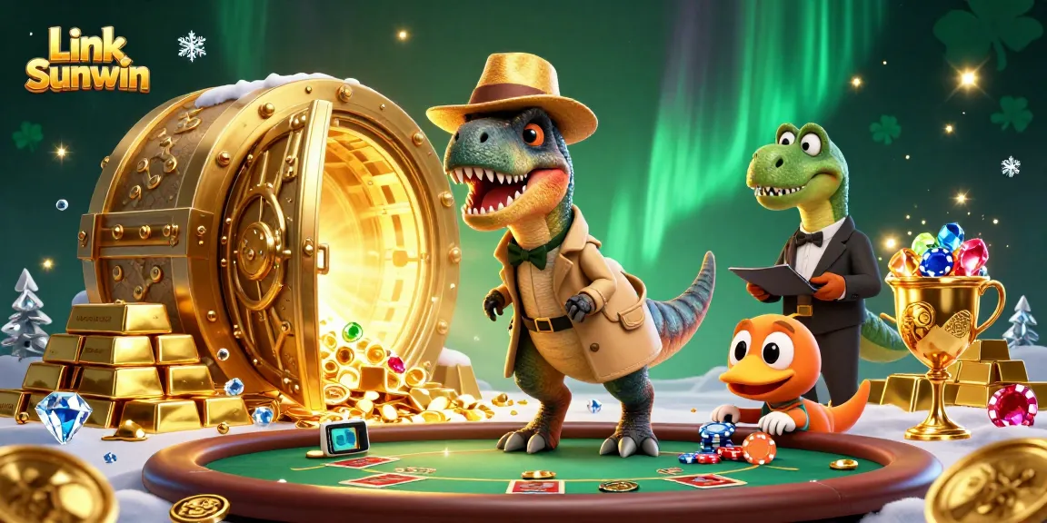 Experience excitement at Link Sunwin with a velociraptor card counter and stegosaurus pit boss in a vibrant casino scene.