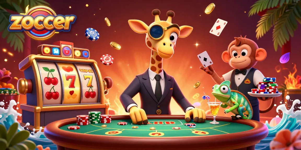 Zoccer online casino showcases a high-roller giraffe and vibrant elements, spinning slots, and dazzling chips in action.