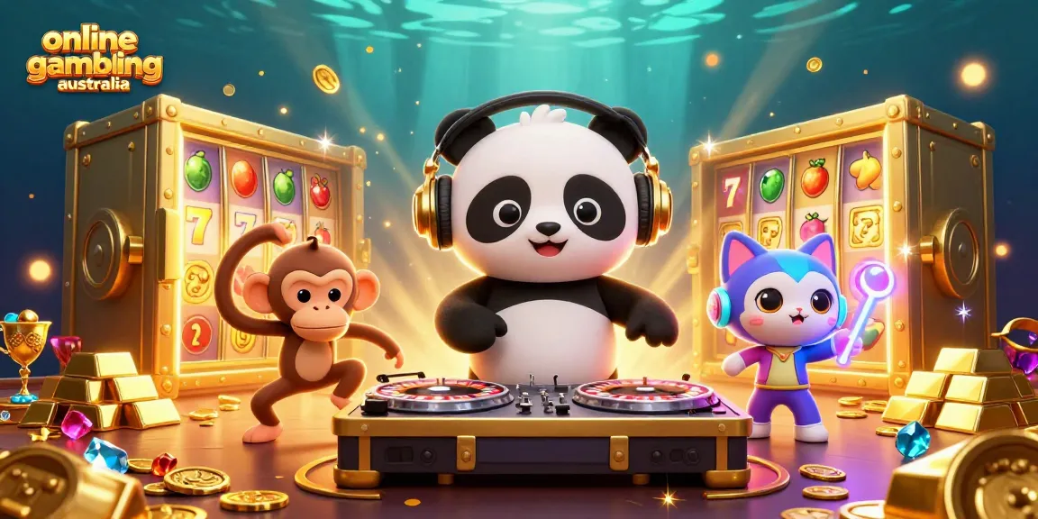 Engage in online gambling australia with vibrant 3D casino characters dancing among slot machines and treasure.